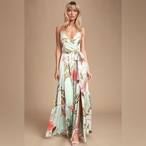 NWOT Still the One Sage Green Floral Print Satin Maxi Dress